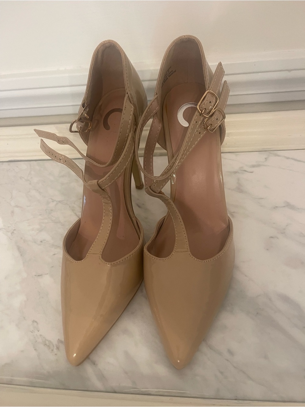 Women's Nude Patent Pointed-Toe Strappy Pumps